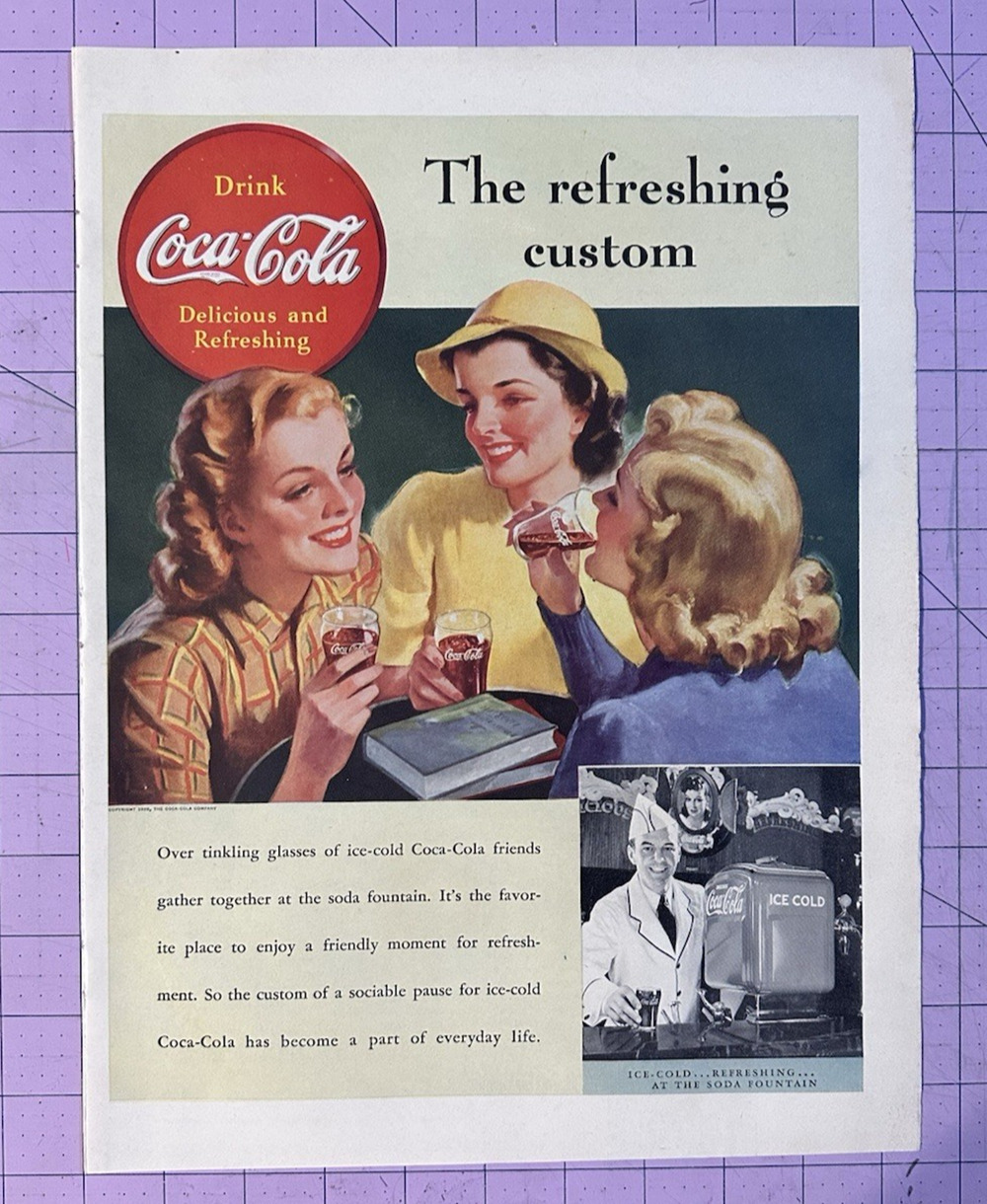Print Ad Vintage 1939 Coca-Cola Soda Fountain Three Young Ladies